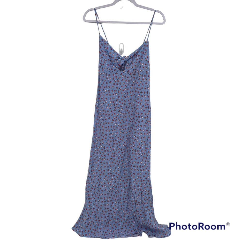 Women's Floral Print V-Neck Sleeveless Slit Lace-Up Back Midi Dress Blue Size S